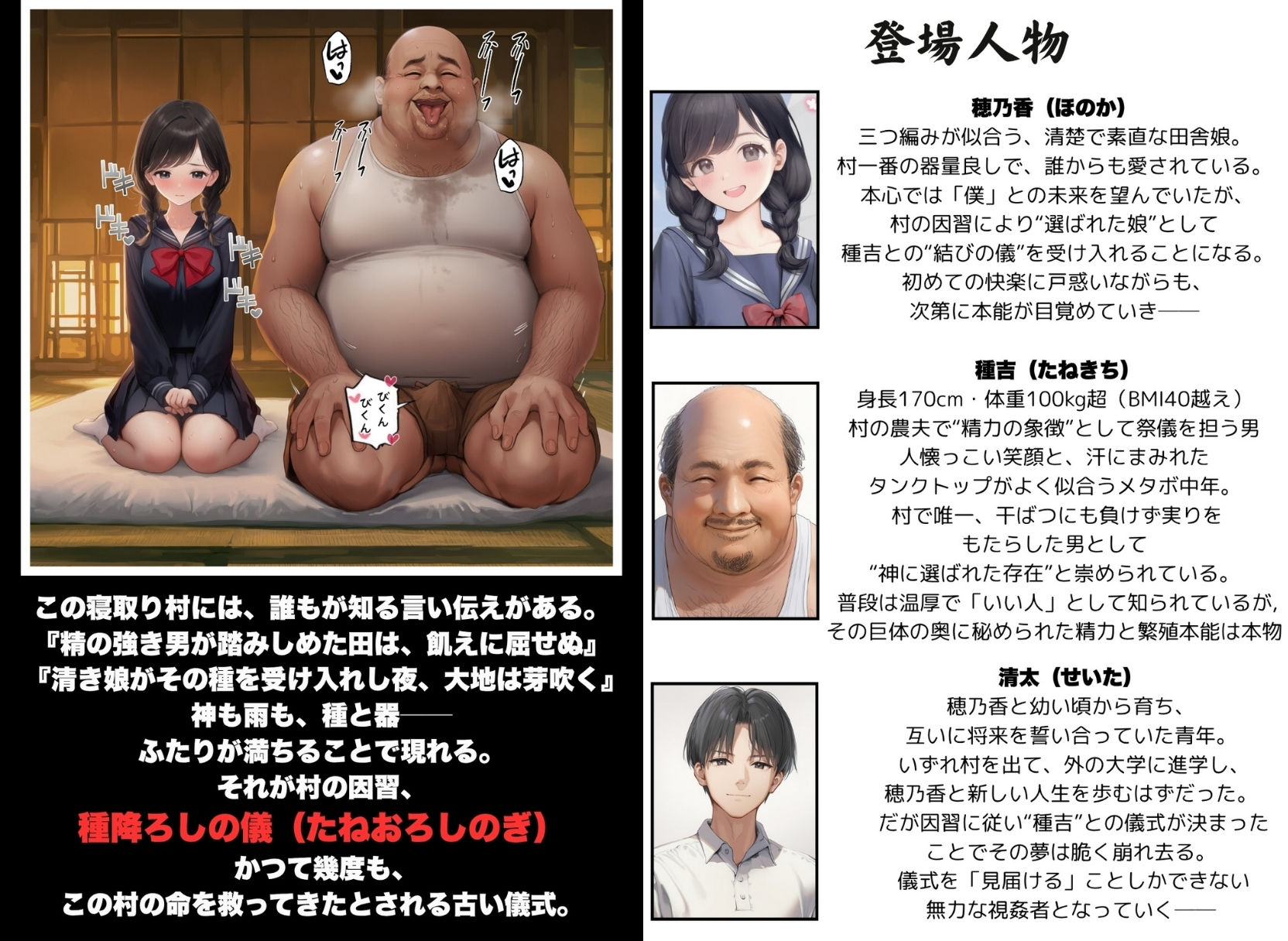 【因習村】村の飢饉を救うため差し出された僕の彼女、BMI40越えで性欲だけはいっちょまえの種付けおじさんに媚薬を飲まされ、おじさん特有のねちっこい前戯で全身べちょべちょに舐められたあげく、聖なる肉棒（チンカス付き）の掃除を実施！ その後はついに処女おまんこにゴールイン！入念かつ丹念にがん突きにされ、イキまくりんぐ！一晩中汗だくで連続絶頂アクメを決めさせられた話。 「穂乃香ぁ〜、オラの精、まるごと受け止めてくんろぉ〜〜！」 - d_604159 - 種付け出版